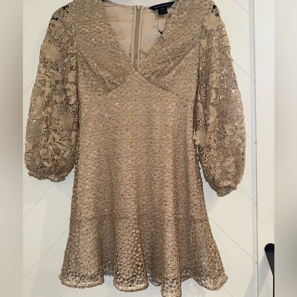 NEW - FRENCH CONNECTION Nude Caballo Sequin Lace Puff Sleeve Mini Dress size 6 - Picture 13 of 13